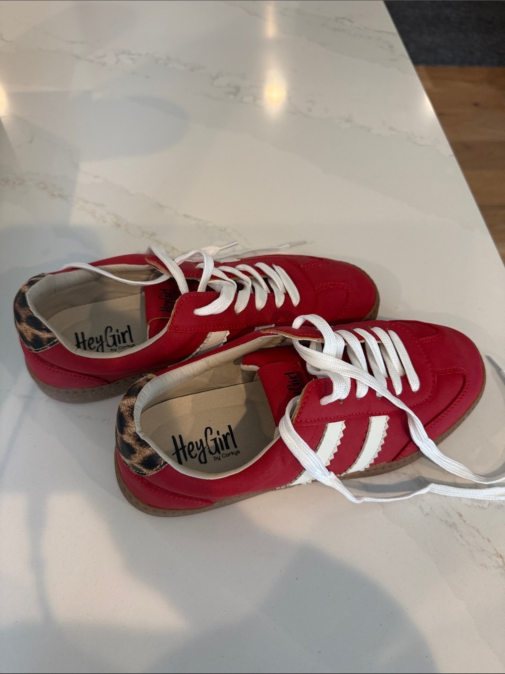 Women's Corkys Red Lace-Up Sneakers with White Stripes/leopard heel, size 9 NWOT